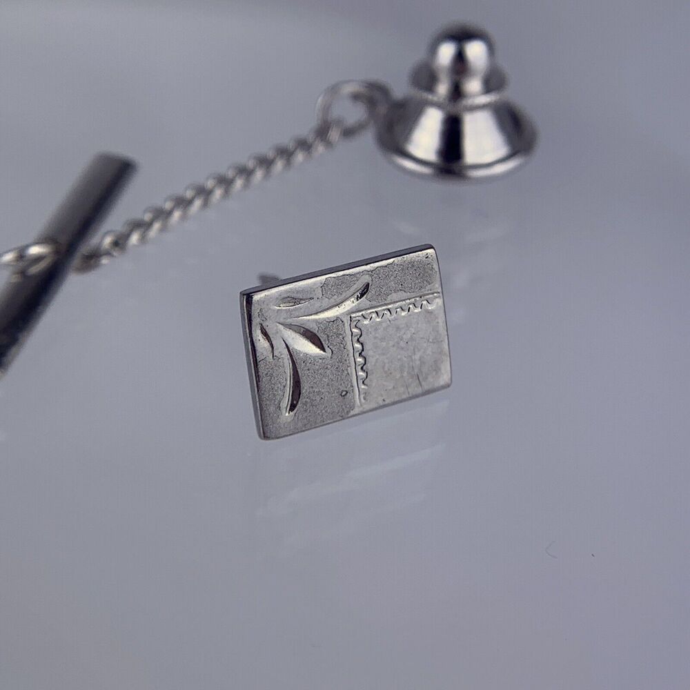 Square Simple Sterling Silver Tie Tack Pin Carved Brushed Metal Marked Vintage